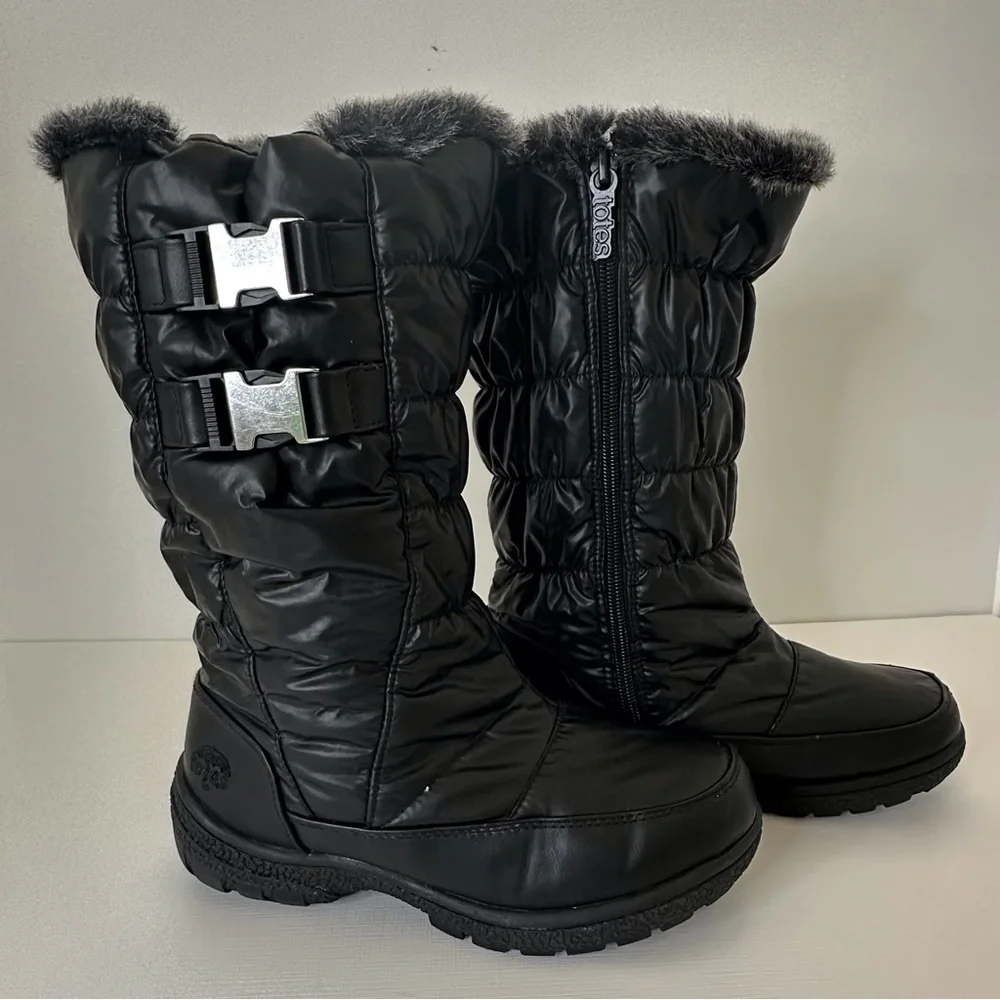Totes black‎ winter snow boots w/ faux fur trim side zipper & buckle women’s 6